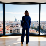 **

A professional businesswoman in a tailored, dark blue business suit, standing in a brightly lit, modern office with floor-to-ceiling windows overlooking the Madrid skyline, fully clothed, appropriate attire, safe for work, perfect anatomy, correct proportions, professional photography, high quality, modest.

**