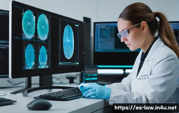 형사소송법상 증거능력 판단 - **Digital Forensics Expert Analyzing Evidence:** A highly detailed, realistic image of a female digi...