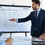 상법상 회사의 해산과 청산 - A professional business meeting scene in a modern Spanish office where diverse company partners and ...
