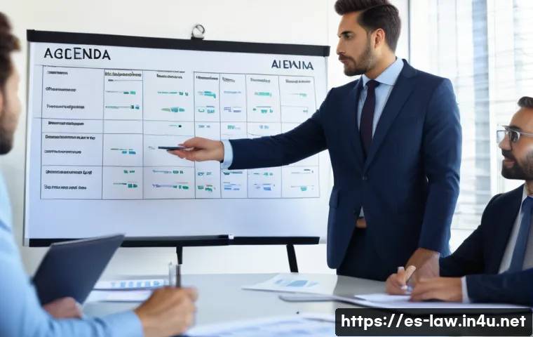상법상 회사의 해산과 청산 - A professional business meeting scene in a modern Spanish office where diverse company partners and ...