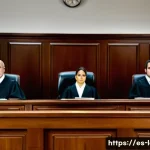 형법상 책임주의 - A detailed courtroom scene in a modern Spanish criminal court, showing a diverse group of profession...