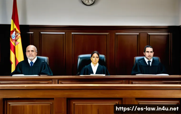 형법상 책임주의 - A detailed courtroom scene in a modern Spanish criminal court, showing a diverse group of profession...