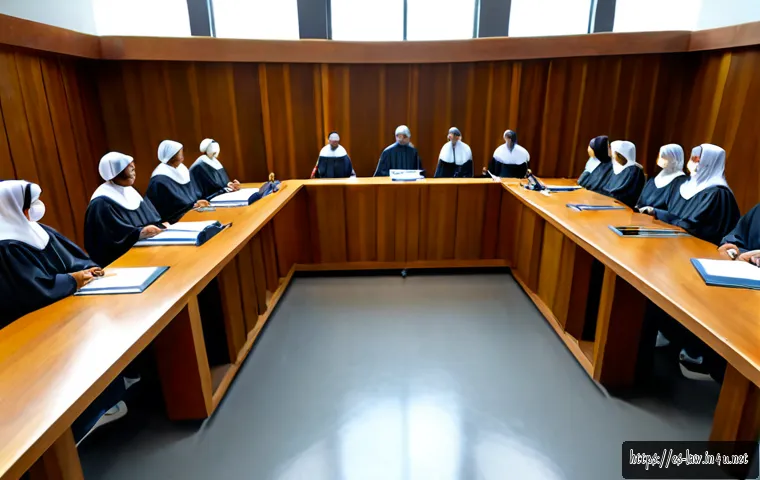 Home 17 국제법상 국제형사재판소 역할 - Photorealistic wide-angle view of a dignified international criminal court hearing, diverse judges i...