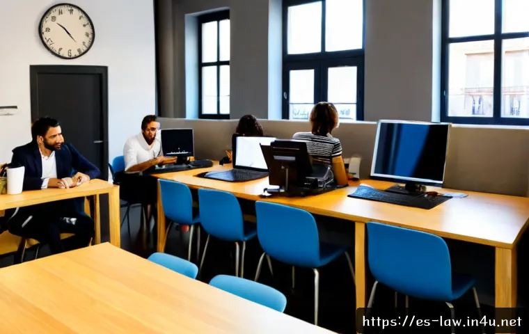 노동법상 근로시간과 휴게시간 - Photorealistic Spanish office workplace, diverse adult employees in a bright Madrid-style coworking ...